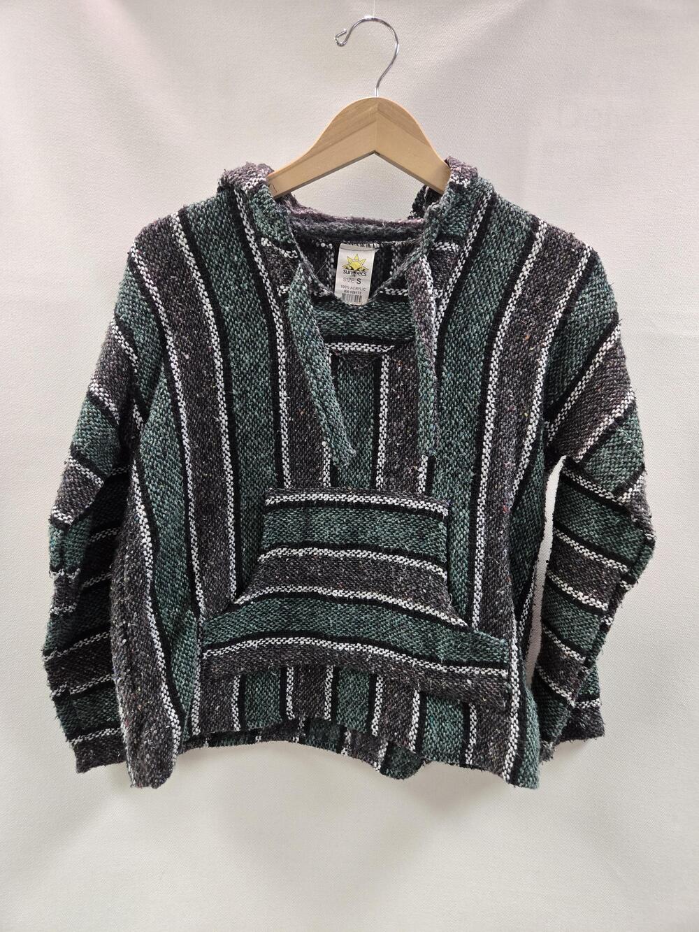 Sunspecs Baja Hoodie Mens Small Green Striped Mexican Poncho Pullover